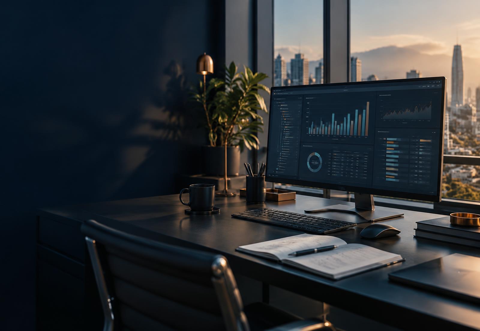 Espacio de trabajo con plataforma de análisis financiero en pantalla